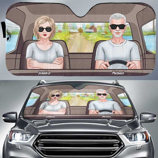 Husband Wife Driving On Road Personalized Custom Family Members Car Sunshade