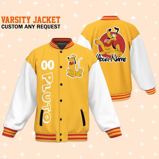 Custom Pluto Yellow Varsity Jacket, Adult Varsity Jacket, Personalized Disney Jacket, Baseball Team Outfit