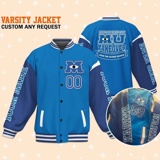 Custom Monster University Uniform Blue Arm Varsity Jacket, Baseball Outfit,Personalized Jacket, Baseball Team Outfit