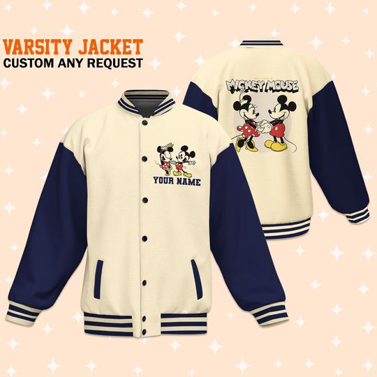 Personalize Mickey And Minnie Mouse Classic Love Varsity Jacket, Matching Baseball Outfit, Adult Varsity Jacket
