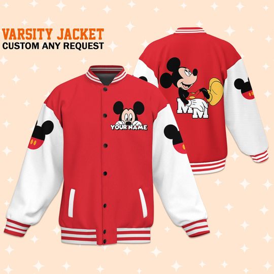 Personalize Jersey Mickey Smile Red White Varsity Jacket, Adult Varsity Jacket, Baseball Team Outfit
