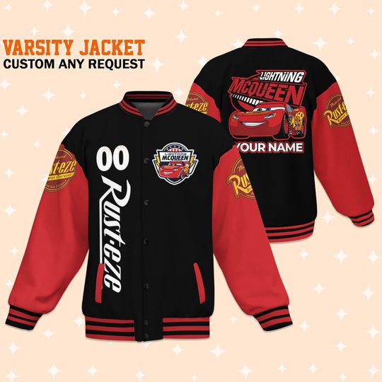 Custom Cars Lightning McQueen Black Varsity Jacket, Adult Varsity Jacket, Personalized Jacket, Baseball Team Outfit