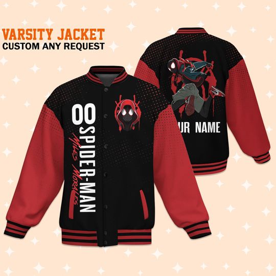 Custom Spiderman Miles Morales Cool Varsity Jacket, Baseball Outfit, Personalized Disney Jacket,Baseball Team Outfit