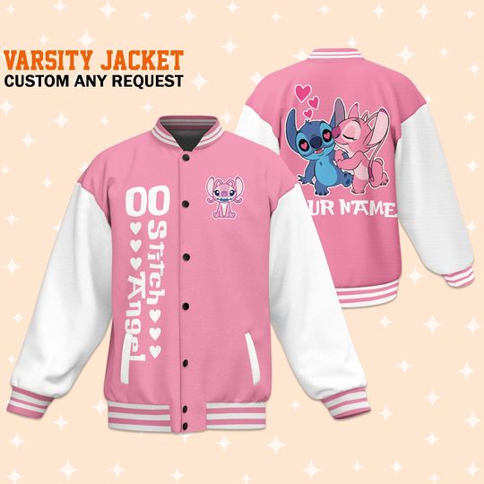 Custom Stitch and Angel Couple Pink Varsity Jacket, Adult Varsity Jacket, Personalized Jacket, Baseball Team Outfit