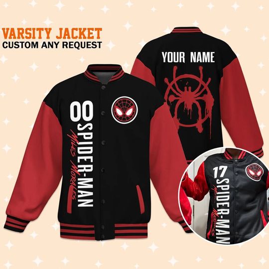 Custom Spiderman Miles Morales Varsity Jacket, Baseball Outfit, Personalized Disney Jacket, Baseball Team Outfit