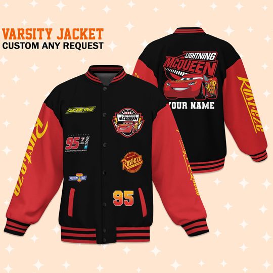 Personalize Lightning Mcqueen Black And Red Varsity Jacket, Adult Varsity Jacket, Baseball Team Outfit