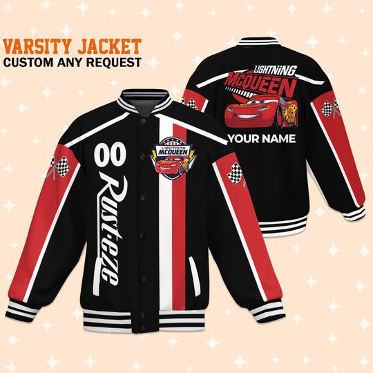 Custom Cars McQueen Racing Stripe Varsity Jacket, Adult Varsity Jacket, Personalized Disney Jacket, Baseball Outfit