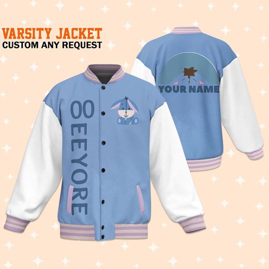 Custom Eeyore Blue Varsity Jacket, Adult Varsity Jacket, Personalized Disney Jacket, Baseball Team Outfit
