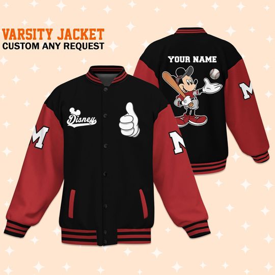 Personalize Mickey Play Baseball Red Black Varsity Jacket, Adult Varsity Jacket, Baseball Team Outfit