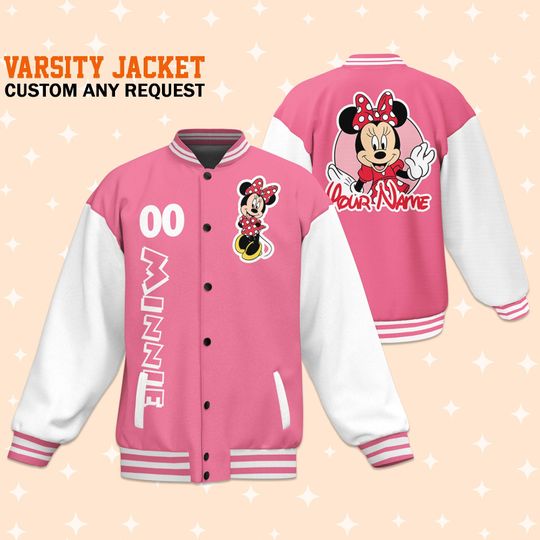Custom Minnie Pink Varsity Jacket, Adult Varsity Jacket, Personalized Disney Jacket, Baseball Team Outfit