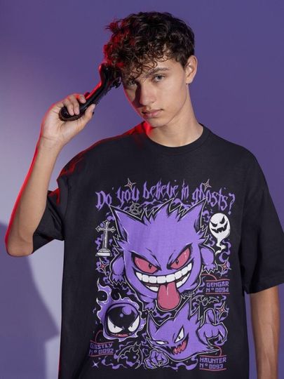 Gengar Ghastly T-Shirt, Ghost Type element Silhouette, Video Game T-Shirt, Japanese Anime