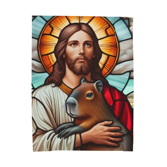 Stained Glass Art Jesus Holding a Capybara Fleece Blanket