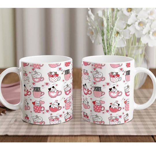 Cute Pink White Cat Valentine's Day Hello Kitty Coffee Mug