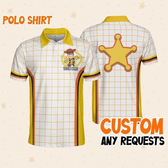 Custom Disney Toy Story Woody Polo Simple Caro Yellow, Business Casual Disney Polo Shirt, Birthday Unisex Polo Shirt