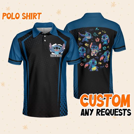 Custom Disney Lilo and Stitch Polo Blue, Business Casual Disney Polo Shirt, Birthday Unisex Polo Shirt