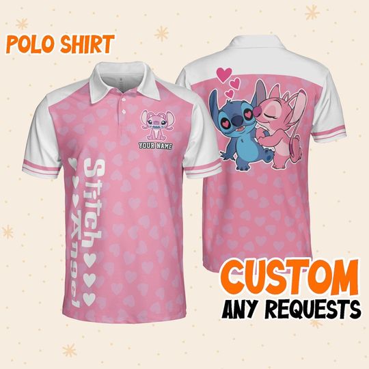 Custom Disney Lilo and Stitch Polo Simple Angel Love, Business Casual Disney Polo Shirt, Birthday Unisex Polo Shirt