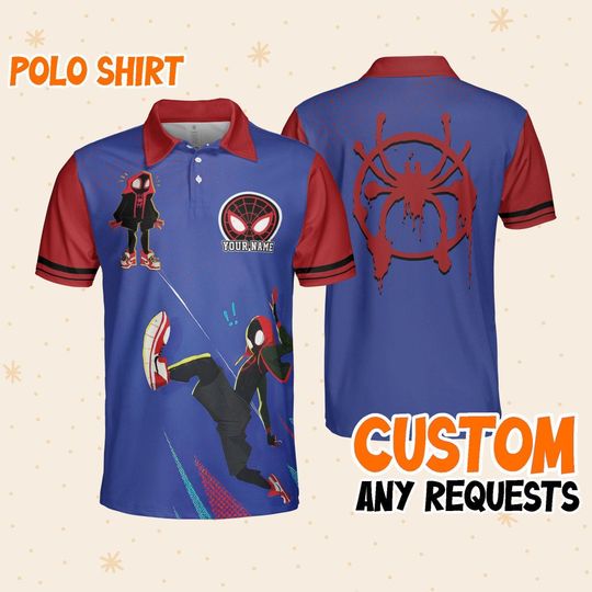 Custom Disney Spiderman Miles Morales Polo Blue, Business Casual Disney Polo Shirt, Birthday Unisex Polo Shirt