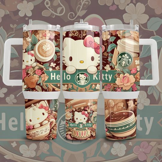 Hello Kitty Capuchino Coffee Pattern Tumbler 40 oz With Handle