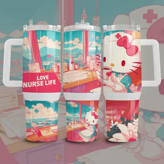 Love Nurse Life Kawaii Hello Kitty Tumbler 40 oz With Handle