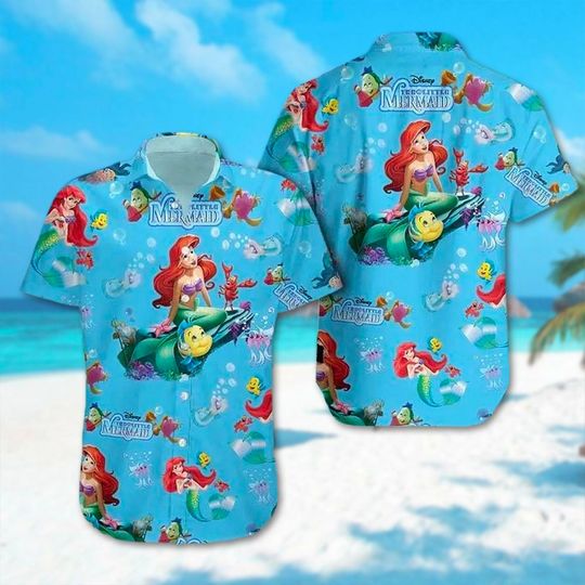 The Little Mermaid Hawaiian Shirt, Princess Ariel & Flounder Hawaii Shirt
