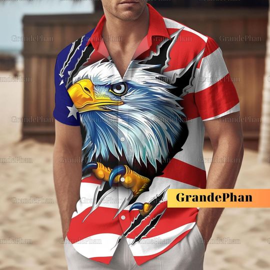 Eagle American Flag Shirt, Eagle Hawaiian Shirt, 4th Of July Hawaiian Shirt