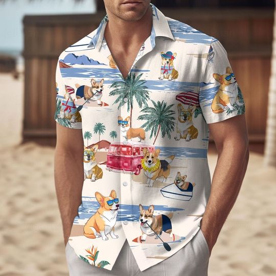 Corgi Hawaiian Shirt, Corgi Shirts For Men, Corgi Button Up Shirt, Corgi Shirt
