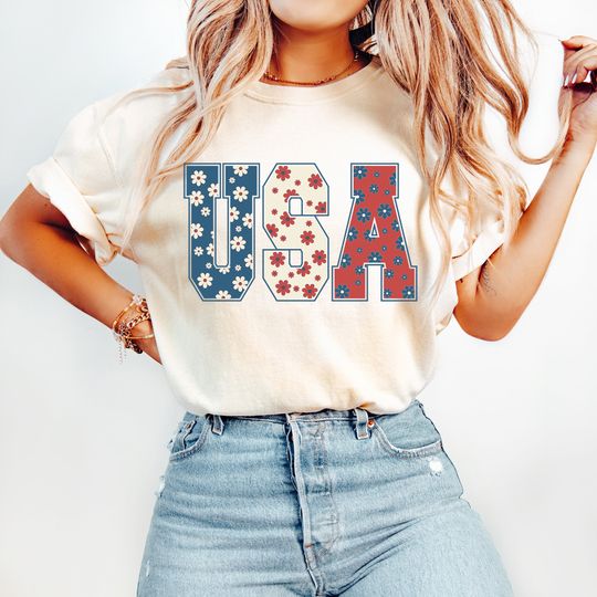 4th of July Comfort Colors Shirt - USA Floral Flowers Shirt