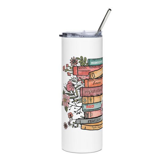 Taylor Albums Book Stack with Flowers | Eras Tour | Music Lovers Gift | Stainless Steel Tumbler