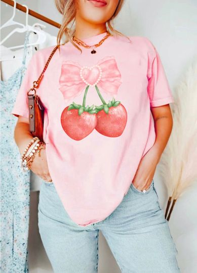 Cute Strawberry Coquette Shirt, Fruit Lover Gift, Berry Lover Gift, Pink Bow, Soft Girl Aesthetic Tee, Coquette bows, Comfort Colors