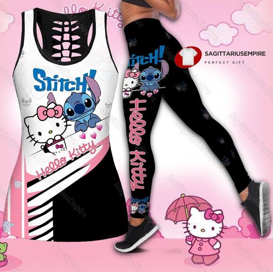 Stitch And Hello Kitty Tank Top Leggings, Womens Tank Top, Womens Leggings, Workout Tops, Gym Leggings