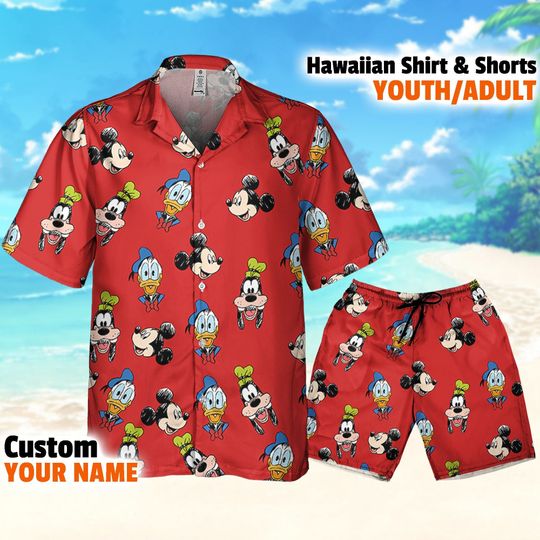 Disney Mickey And Friends Sketch Red Color, Mickey Hawaii Shirt, Mickey Aloha Shirt, Disney Hawaiian Shirt