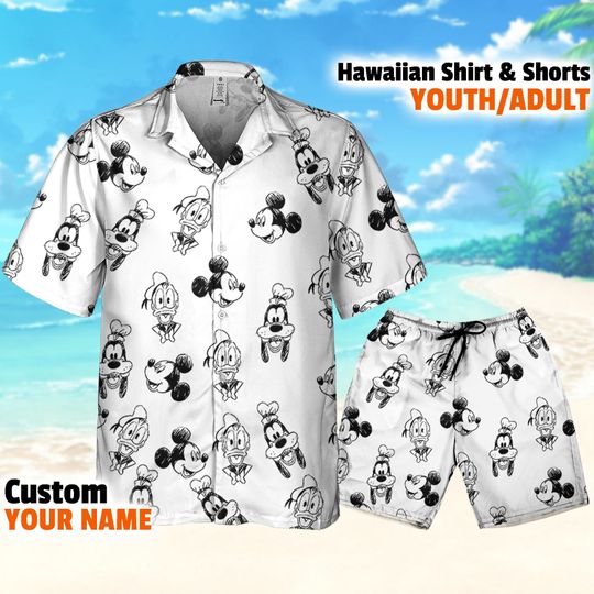 Disney Mickey And Friends Sketch, Mickey Hawaii Shirt, Mickey Aloha Shirt, Disney Hawaiian Shirt