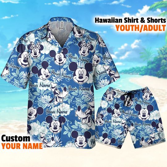 Personalized Disney Mickey Minnie Goofy Seamless Summer Tropical Blue, Mickey Hawaii Shirt