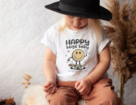 Happy Beige Baby Tee, Gender Neutral Baby Shirt, Neutral Baby T-Shirt