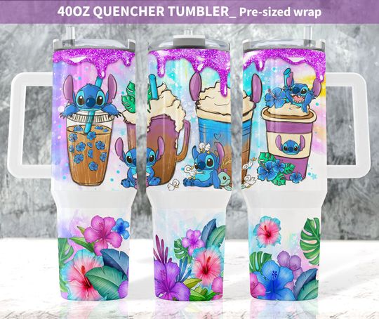 40oz 20oz Stitch Floral Tumbler Quencher Tumbler Wrap, Cartoon Tumbler Wrap, Summer Tumbler