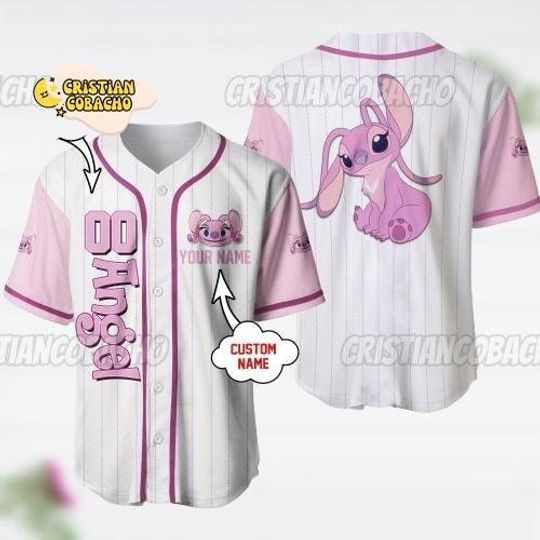 Angel Pink Baseball Jersey, Stitch And Angel Disney Custom Name Baseball Jersey Shirt