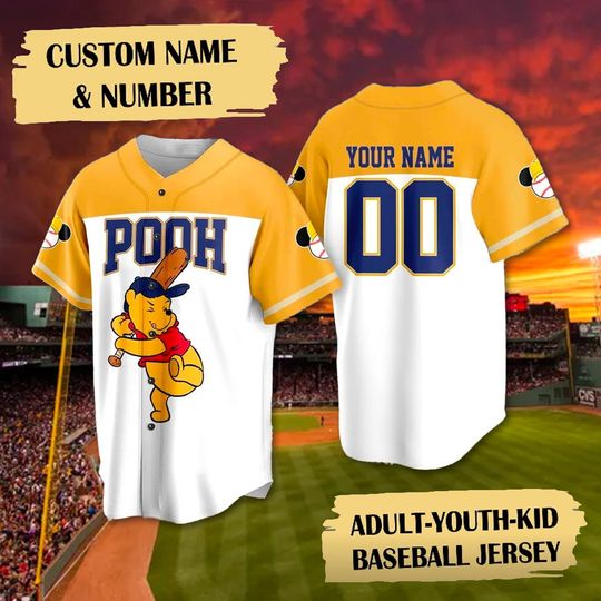 Custom Winnie the Pooh Baseball Jersey Team, Pooh Baseball Jersey Shirt