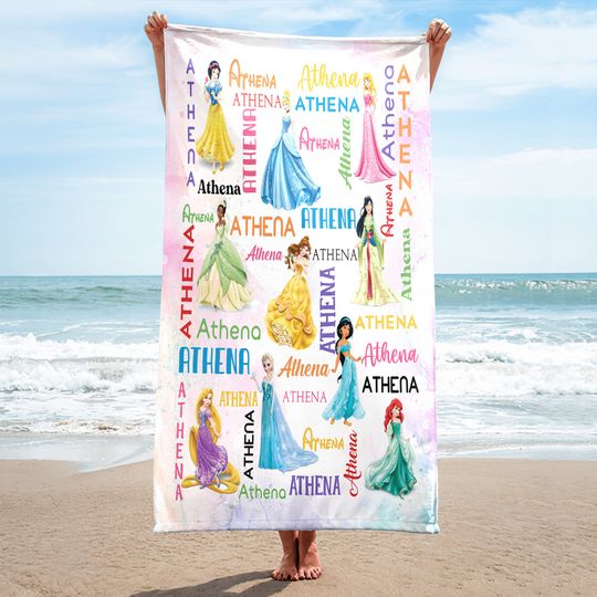 Personalized Watercolor Princess Towel, Cartoon Family Summer Trip Gift