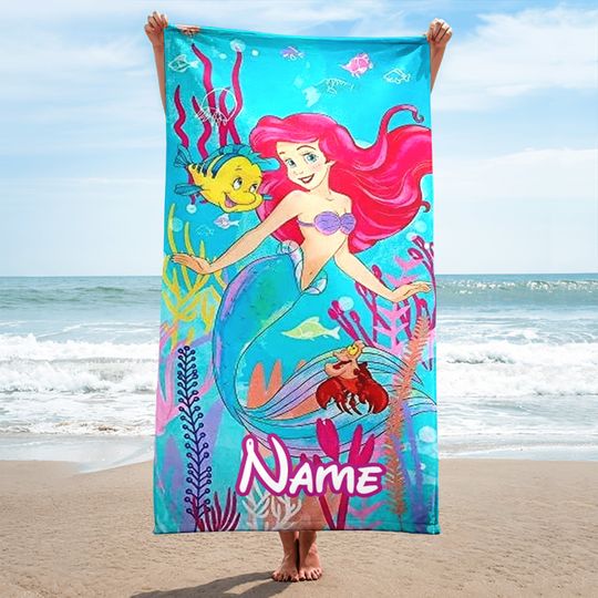 Custom Little Mermaid Beach Towels, Cartoon Family Summer Trip Gift