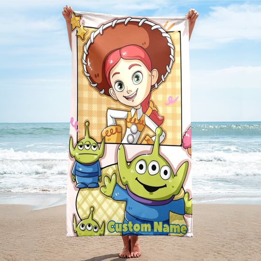 Cowgirl And Alien Beach Towels, Cartoon Family Summer Trip Gift