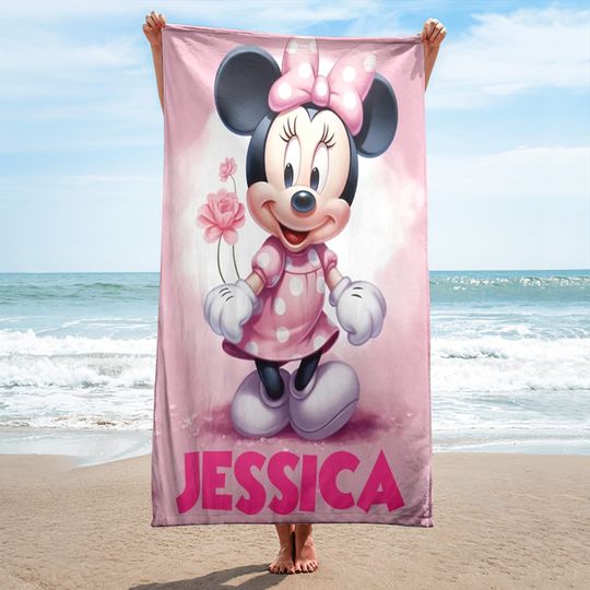 Personalized Mouse With Pink Bow Beach Towels, Cartoon Family Summer Trip Gift