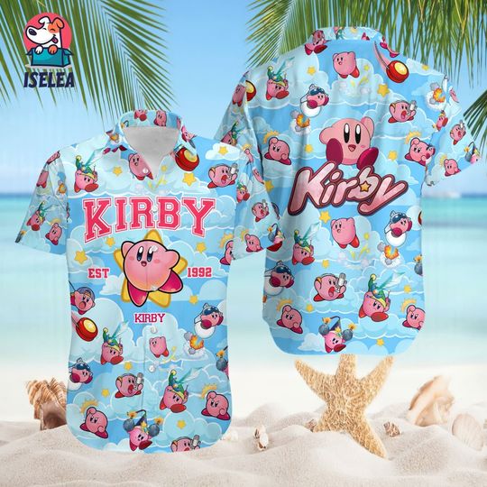 Pink Kirby Pattern Button Up Hawaiian Shirt, Kirby Game Hawaiian Shirt