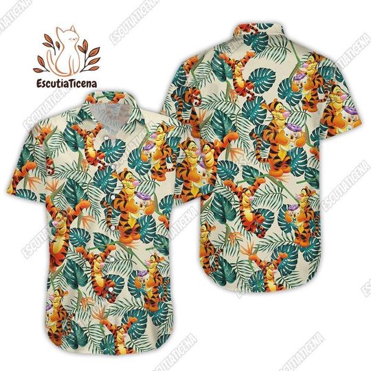 LNG162306A93 Tigger Button Shirt, Disney Tigger Shirt, Tropical Floral Tigger Tee