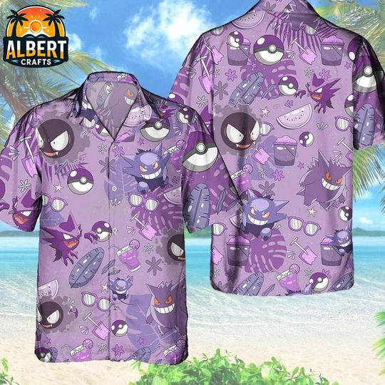 PKM Gengar Hawaiian Shirt, PKM Anime Shirt, Gastly Button Up Shirt