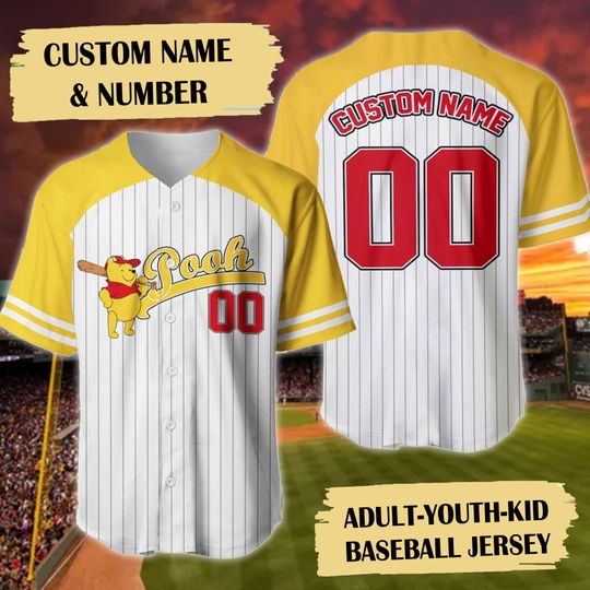 Personalized Yellow Animated Bear Baseball Jersey, Custom Name Bear