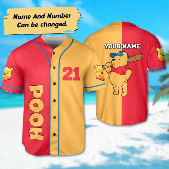 Custom Number And Name Pooh Baseball Jersey, Winnie the Pooh Baseball Jersey Team