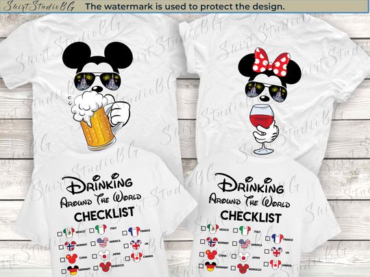 Mickey Beer Minnie Wine Front and Back, Epcot Drinking Around The World Shirt