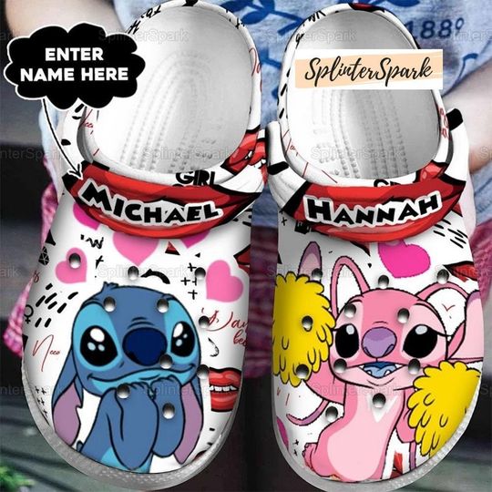 Personalized Stitch And Angels Clogs, Couple Clogs, Stitch And Angel Couple Clogs, Stitch Women Clogs, Cute Stitch Clogs