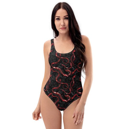Black and Red Snake Style One-Piece Swimsuit