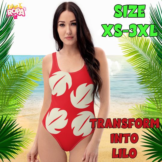 One-piece swimsuit for women red with leafs inspired by Lilo and Stitch